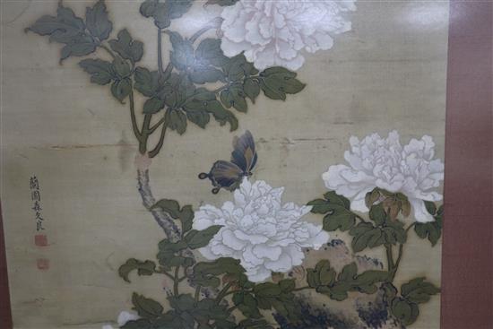 After Mori Ransai (Chinese, 1740-1807): An ink and pigment on silk panel depicting two rabbits,